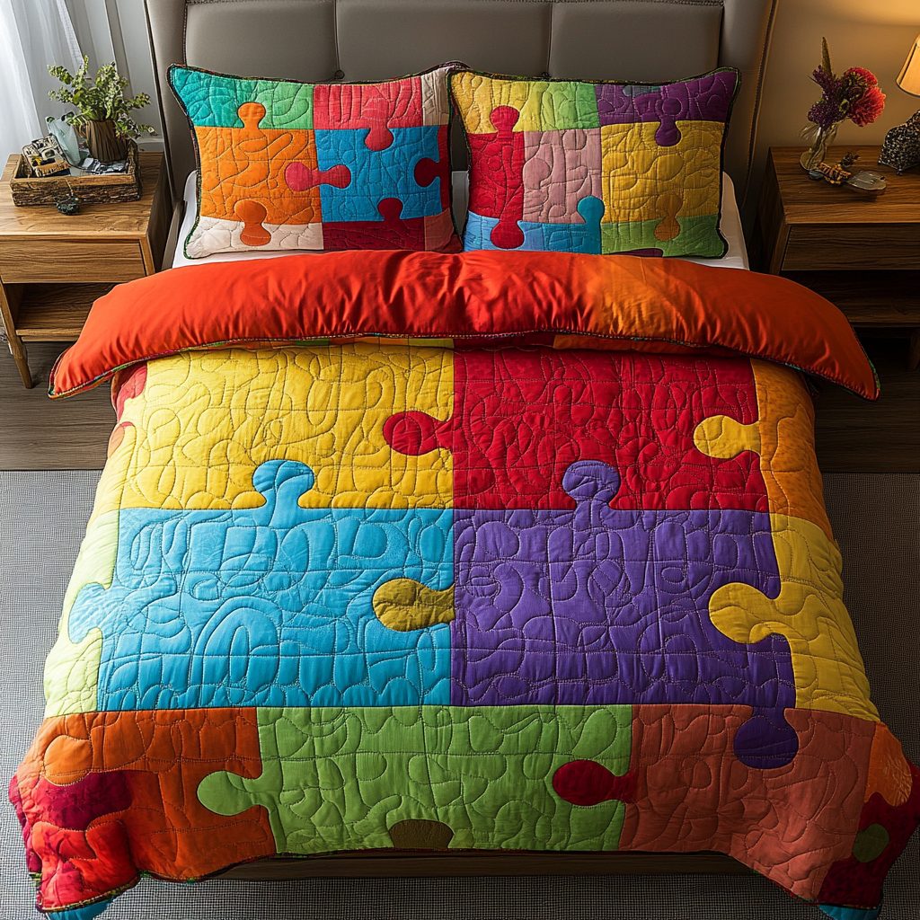 Jigsaw Dreams quilted 3-piece bedding set on a made bed with two matching pillow shams