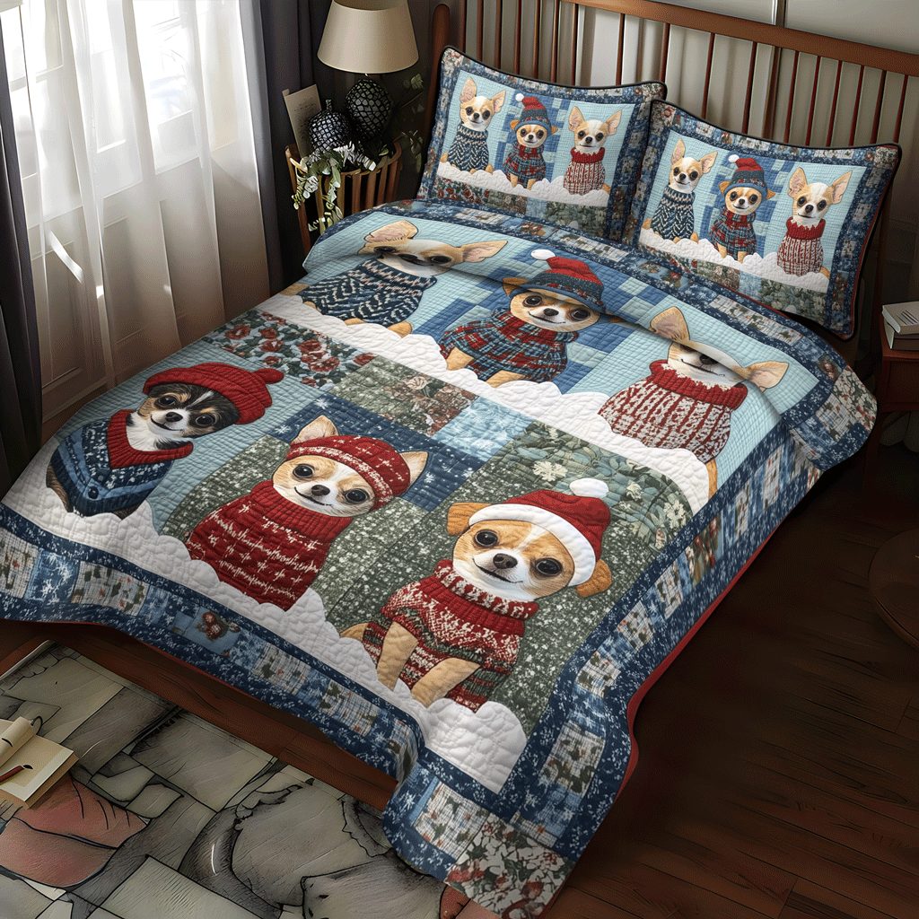Jingle Bell Chis quilted 3-piece bedding set on a made bed in a winter-styled bedroom