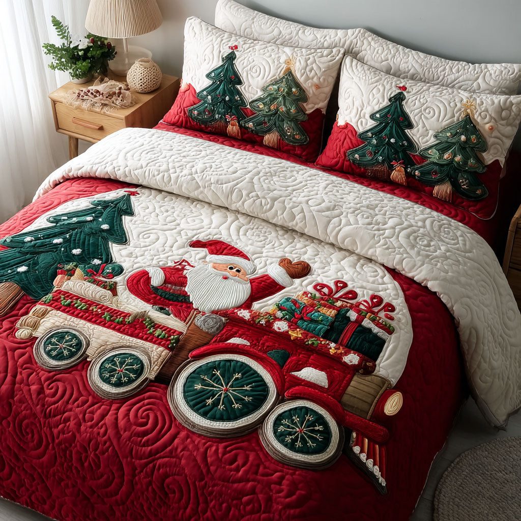 Jingle Bell Train quilted 3-piece bedding set on a made bed in a winter-styled bedroom