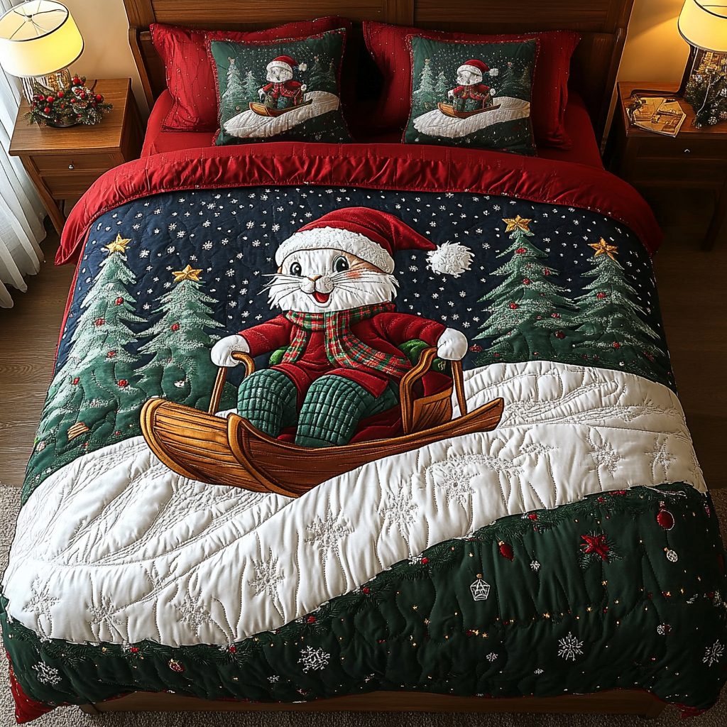 Jingle Rabbit Charm quilted 3-piece bedding set on a made bed in a winter-styled bedroom