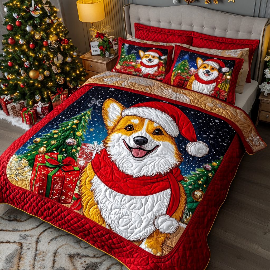 Jolly Corgi quilted 3-piece bedding set on a made bed with two matching pillow shams