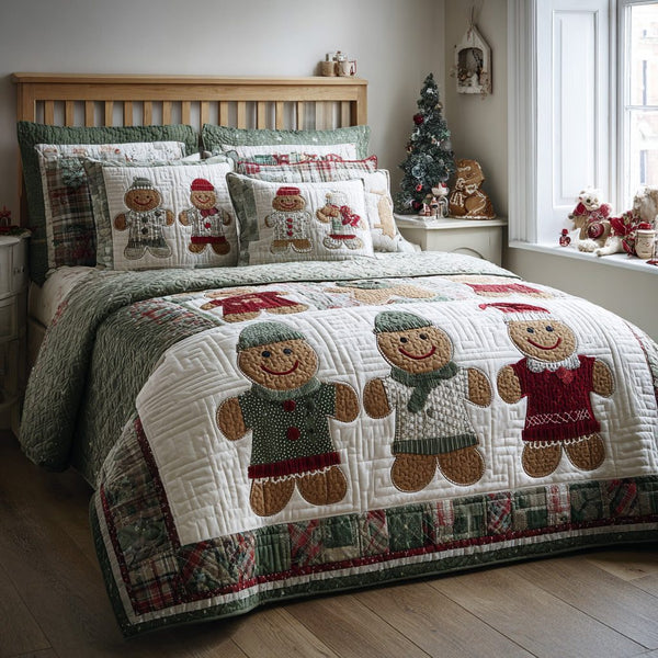 Jolly Ginger Duo quilted 3-piece bedding set on a made bed with two matching pillow shams