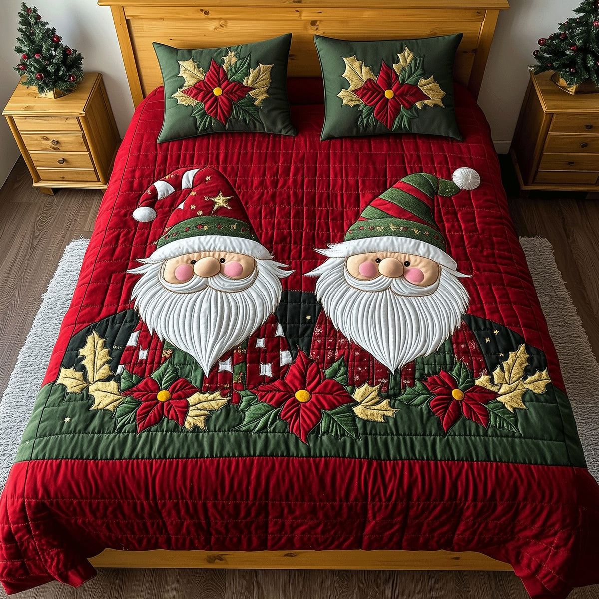 Jolly Gnome quilted 3-piece bedding set on a made bed in a winter-styled bedroom