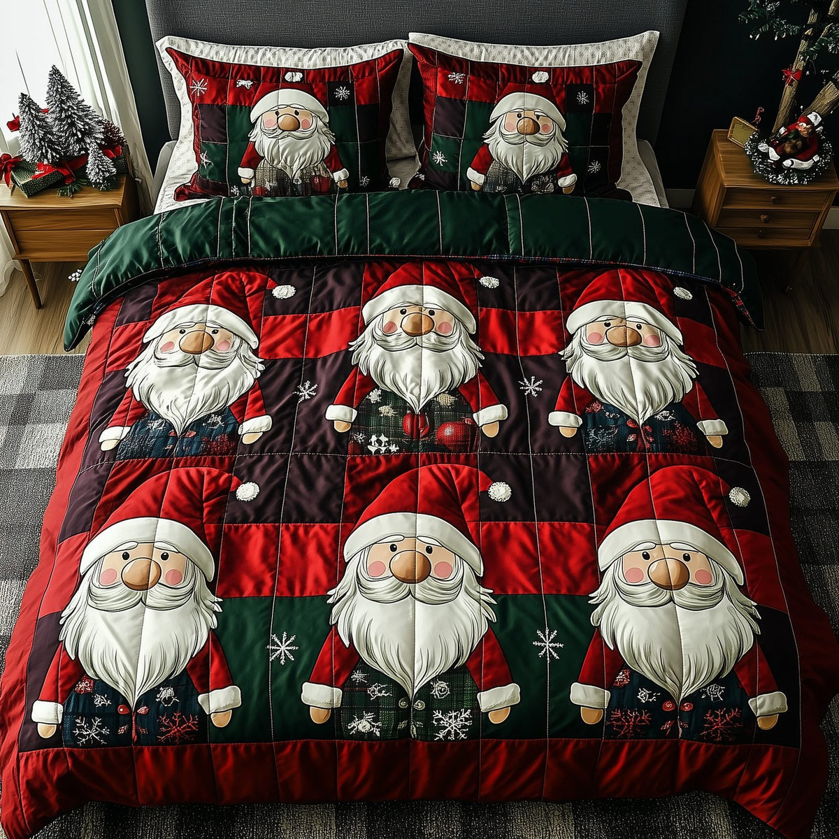 Jolly Gnomes quilted 3-piece bedding set on a made bed with two matching pillow shams
