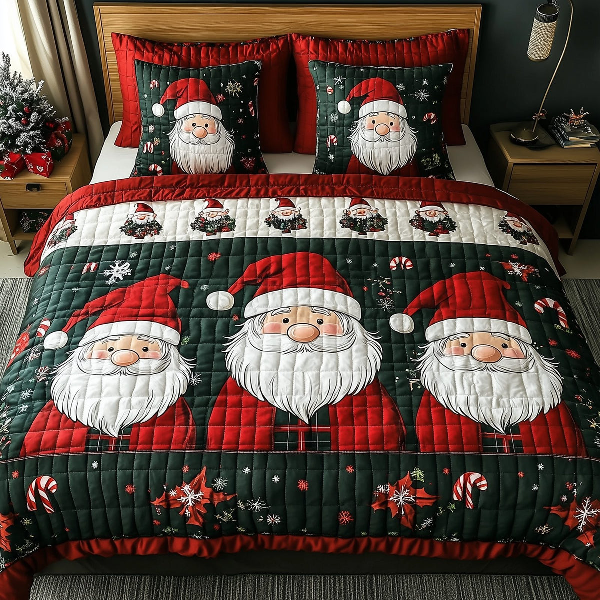 Jolly Gnomes quilted 3-piece bedding set on a made bed with two matching pillow shams