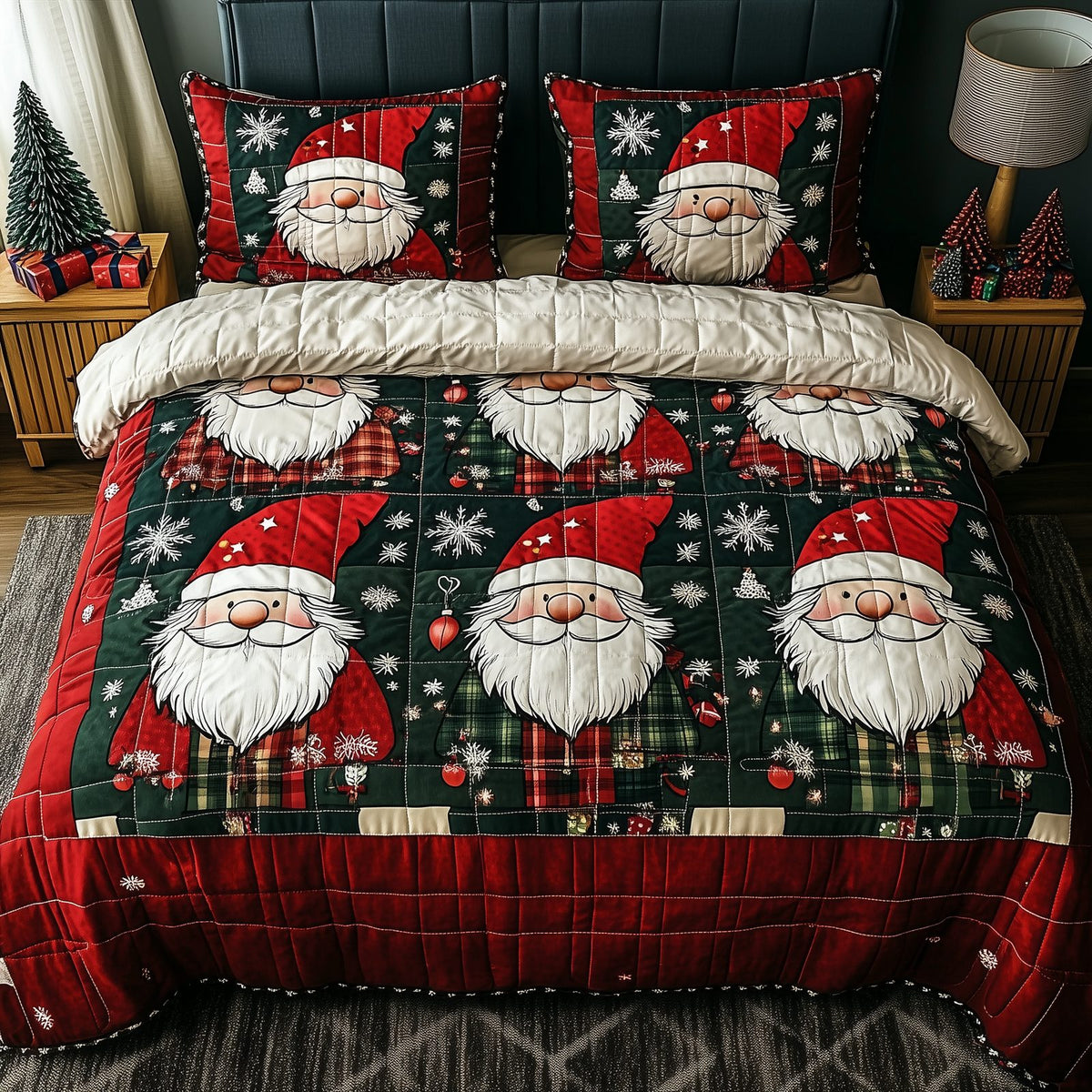 Jolly Gnomes quilted 3-piece bedding set on a made bed with two matching pillow shams