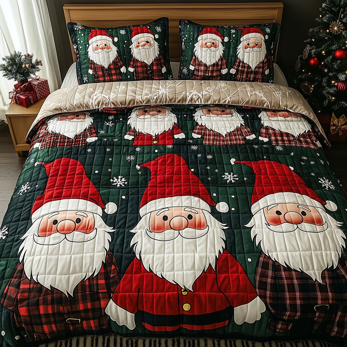 Jolly Gnomes quilted 3-piece bedding set on a made bed with two matching pillow shams