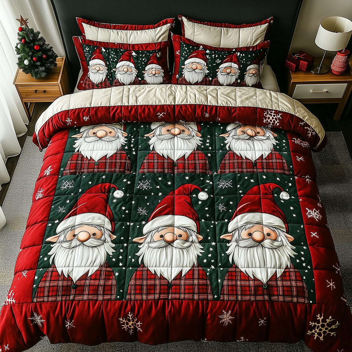 Jolly Gnomes quilted 3-piece bedding set on a made bed with two matching pillow shams