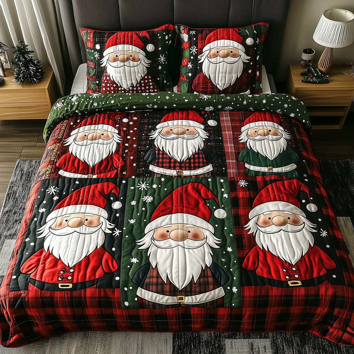Jolly Gnomes quilted 3-piece bedding set on a made bed with two matching pillow shams