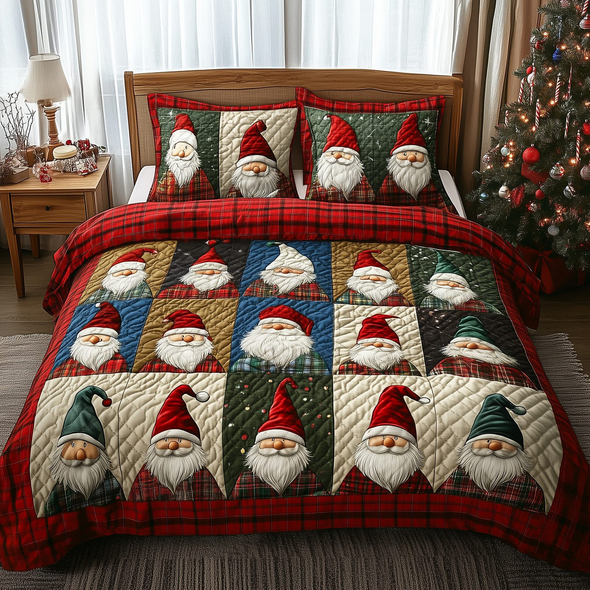 Jolly Gnomes quilted 3-piece bedding set on a made bed with two matching pillow shams