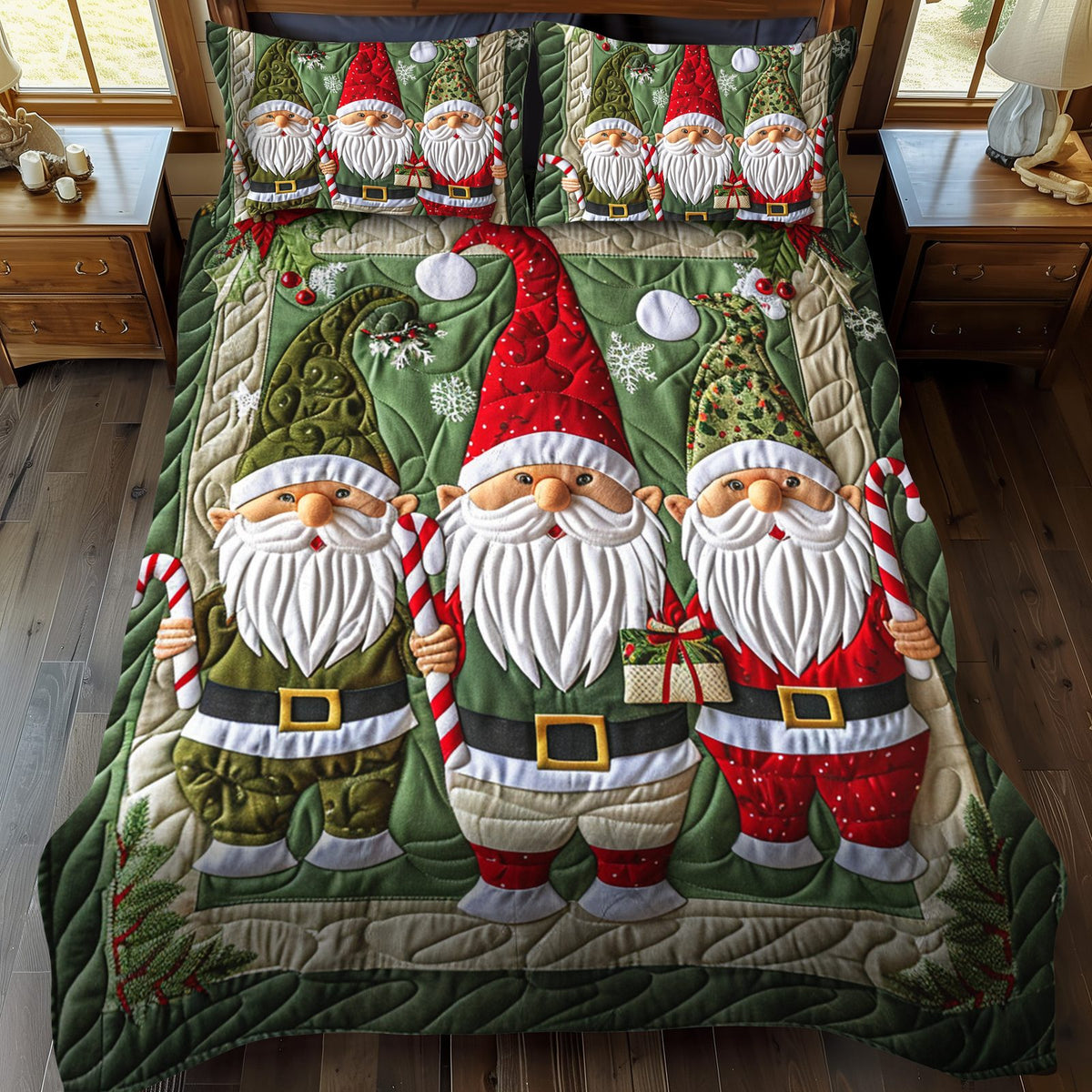 Jolly Gnomes quilted 3-piece bedding set on a made bed with two matching pillow shams