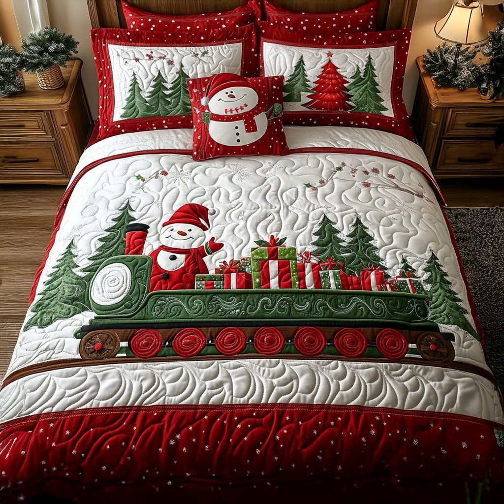 Jolly Holiday Train quilted 3-piece bedding set on a made bed in a winter-styled bedroom