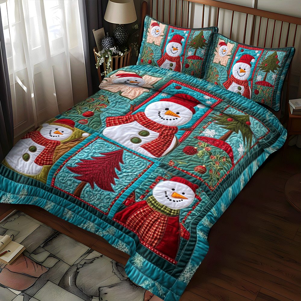 Jolly Holly Nights quilted 3-piece bedding set on a made bed with two matching pillow shams