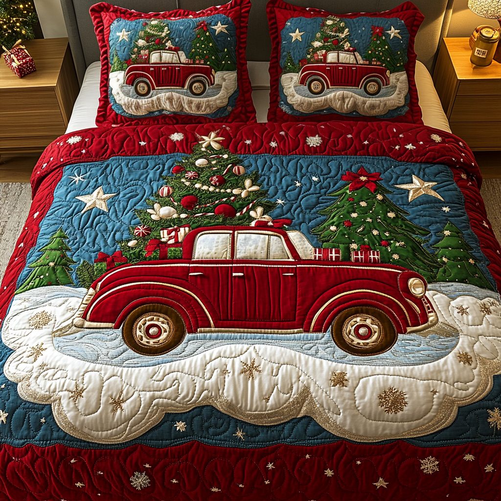 Jolly Journey quilted 3-piece bedding set on a made bed with two matching pillow shams