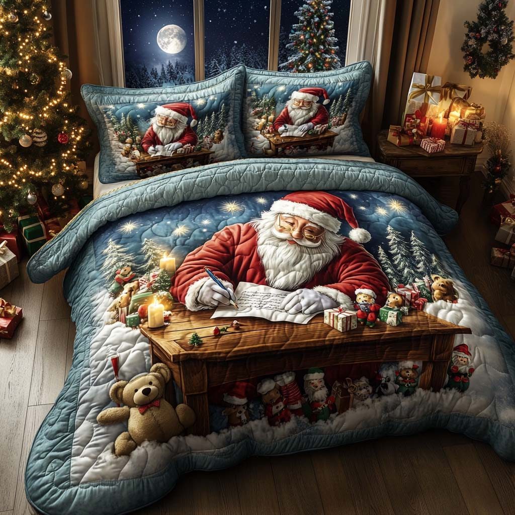 Jolly Night Notes quilted 3-piece bedding set on a made bed with two matching pillow shams