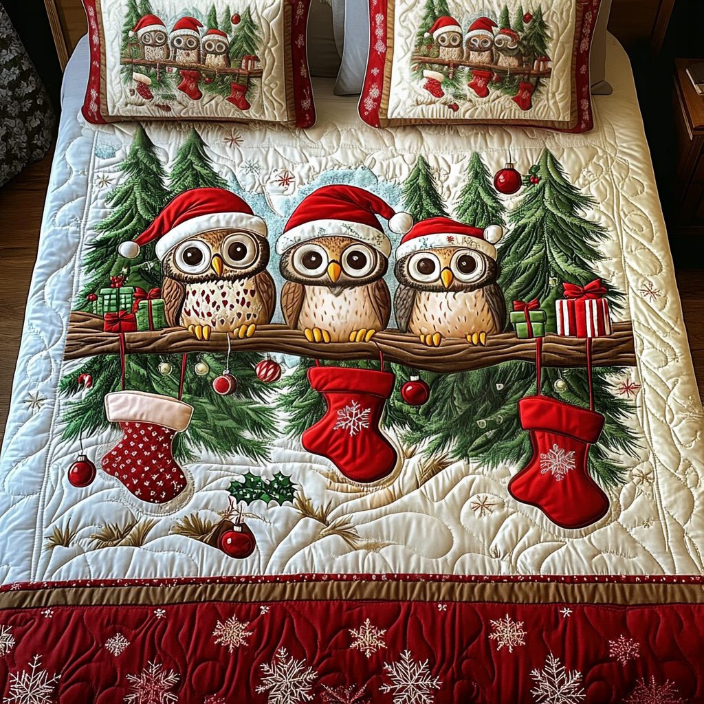 Jolly Perch quilted 3-piece bedding set on a made bed with two matching pillow shams
