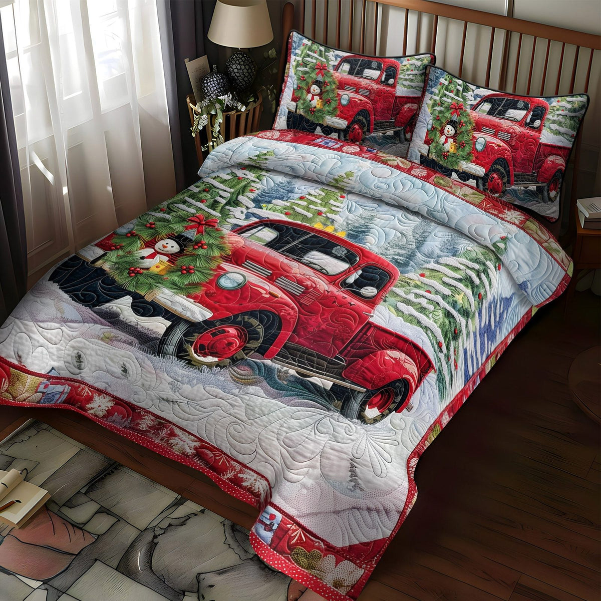 Jolly Red Delivery quilted 3-piece bedding set on a made bed with two matching pillow shams