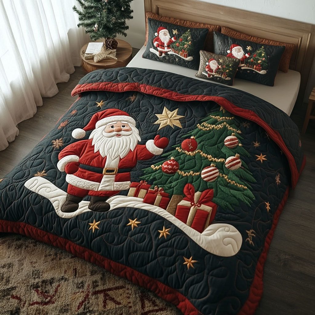 Jolly Ride to Christmas quilted 3-piece bedding set on a made bed in a winter-styled bedroom