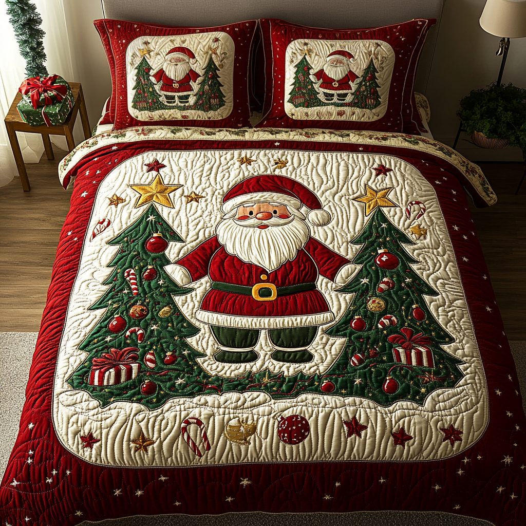 Jolly Saint Nick quilted 3-piece bedding set on a made bed with two matching pillow shams