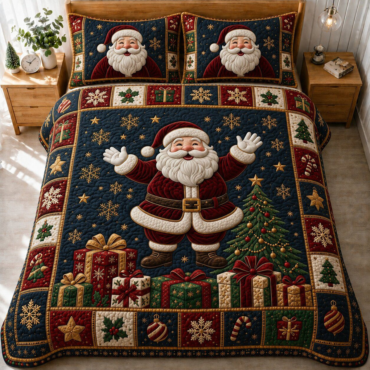 Jolly Santa quilted 3-piece bedding set on a made bed in a winter-styled bedroom