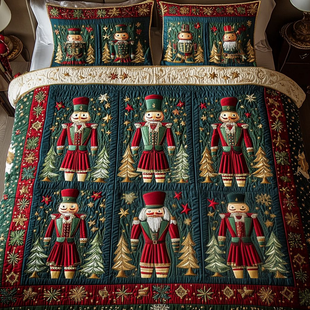 Jolly Soldiers quilted 3-piece bedding set on a made bed in a warmly lit bedroom