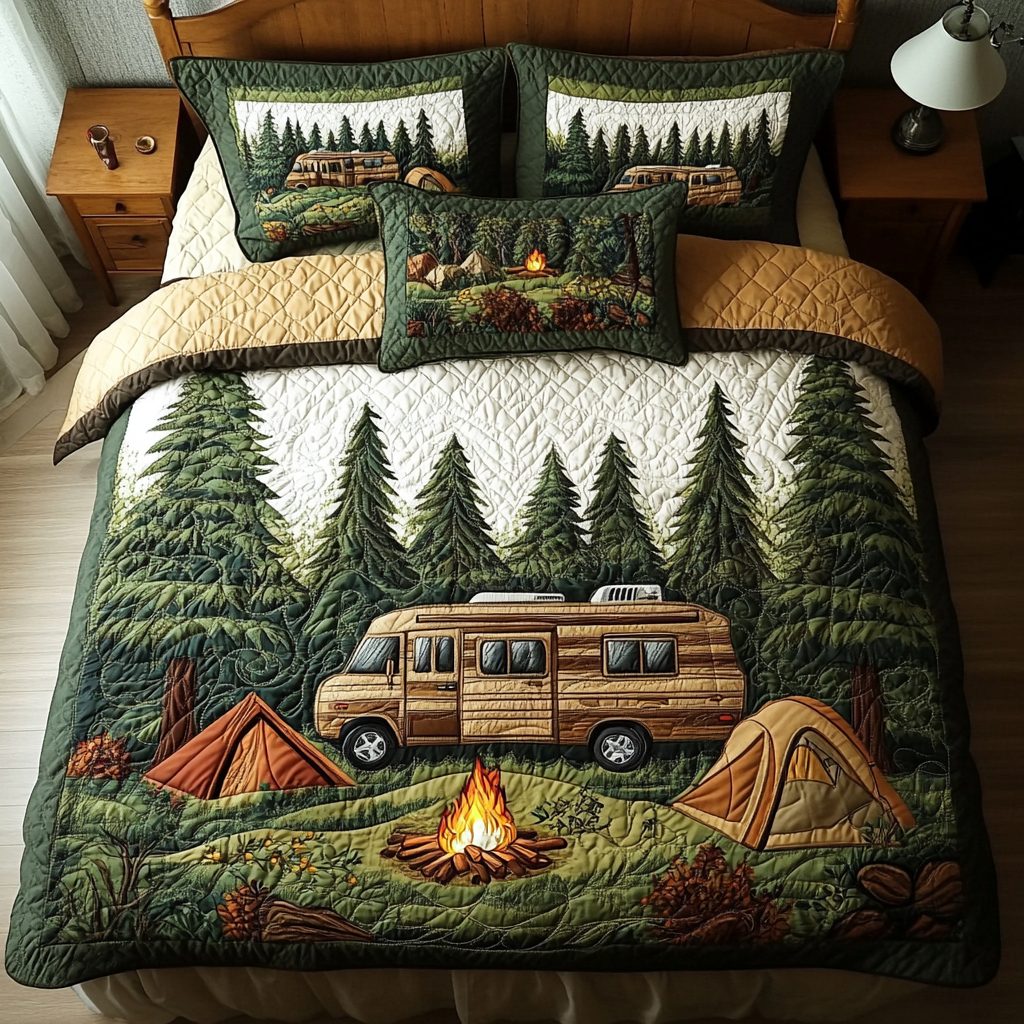 Journey Ahead quilted 3-piece bedding set on a made bed with two matching pillow shams