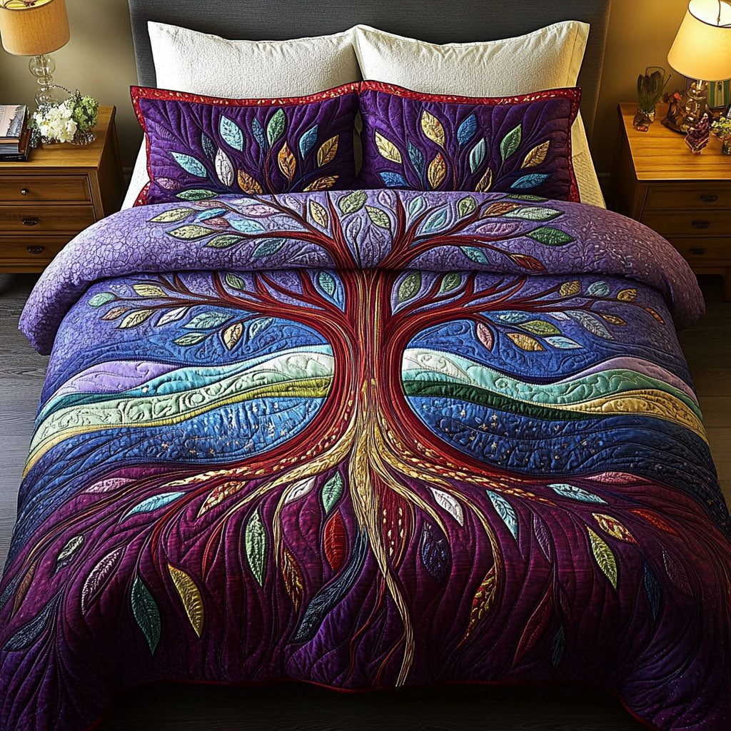 Journey of Life quilted 3-piece bedding set on a made bed with two matching pillow shams
