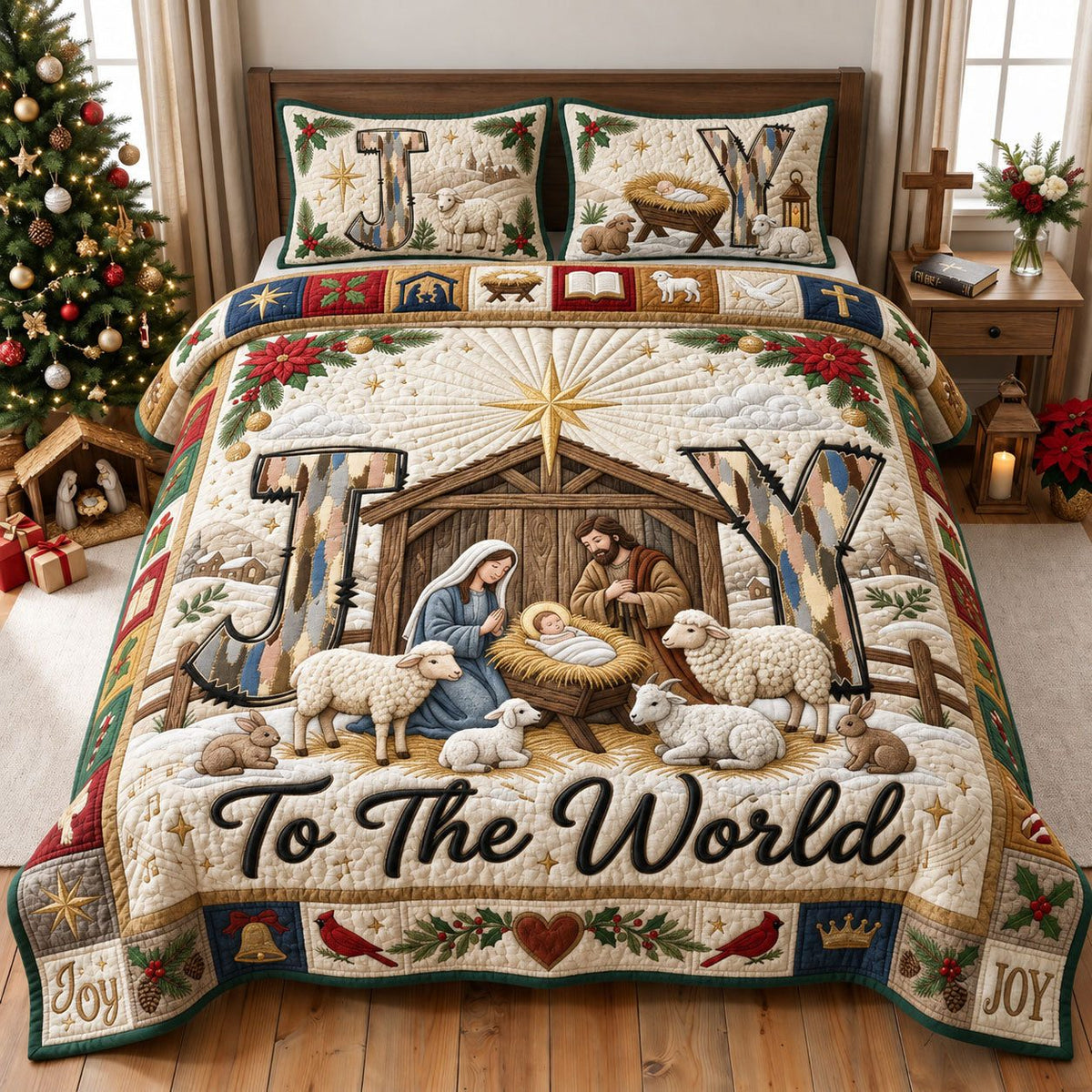 Joy to the World quilted 3-piece bedding set on a made bed with two matching pillow shams
