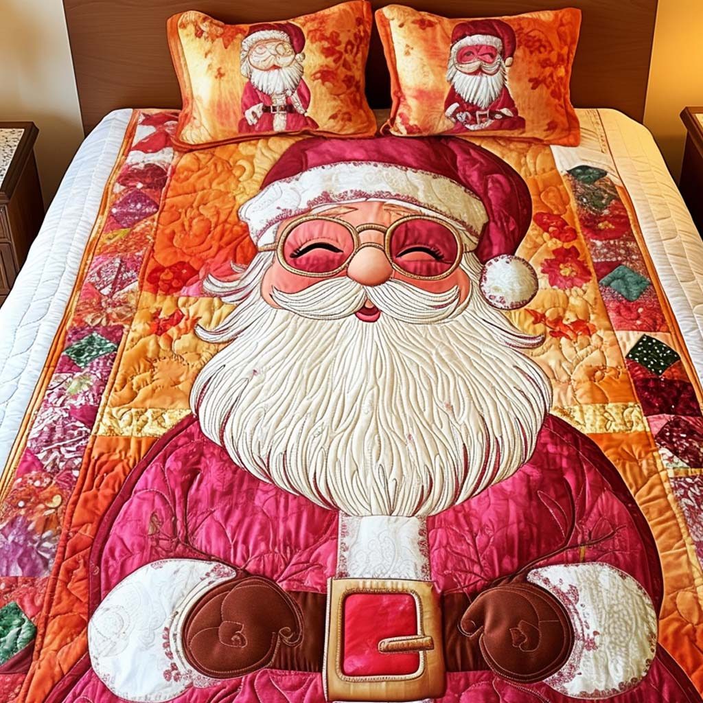 Joyful Cheer quilted 3-piece bedding set on a made bed with two matching pillow shams