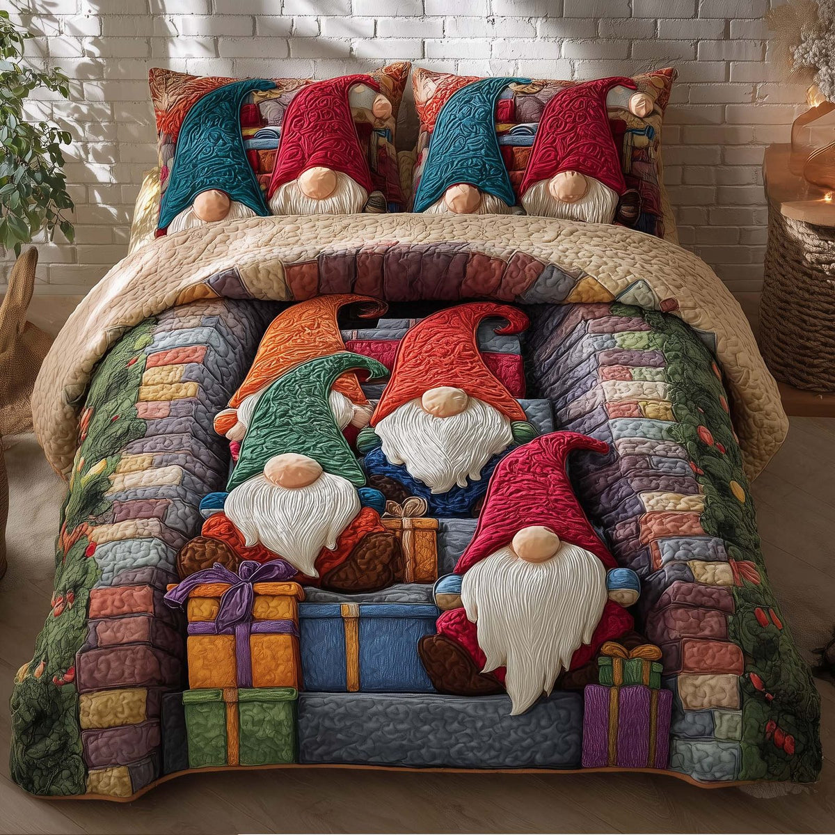 Joyful Christmas Gnomes quilted 3-piece bedding set on a made bed in a winter-styled bedroom