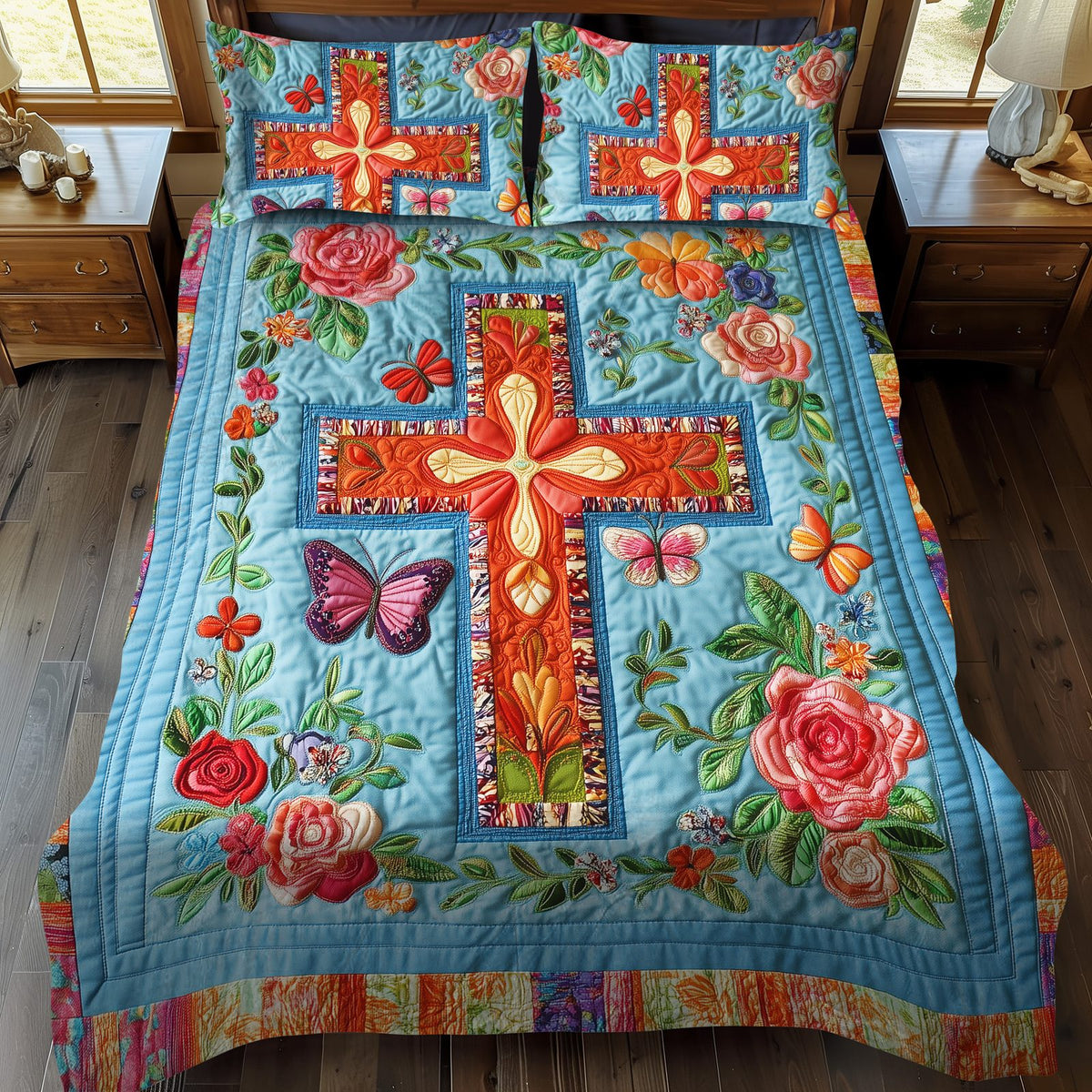 Joyful Cross quilted 3-piece bedding set on a made bed in a softly lit bedroom
