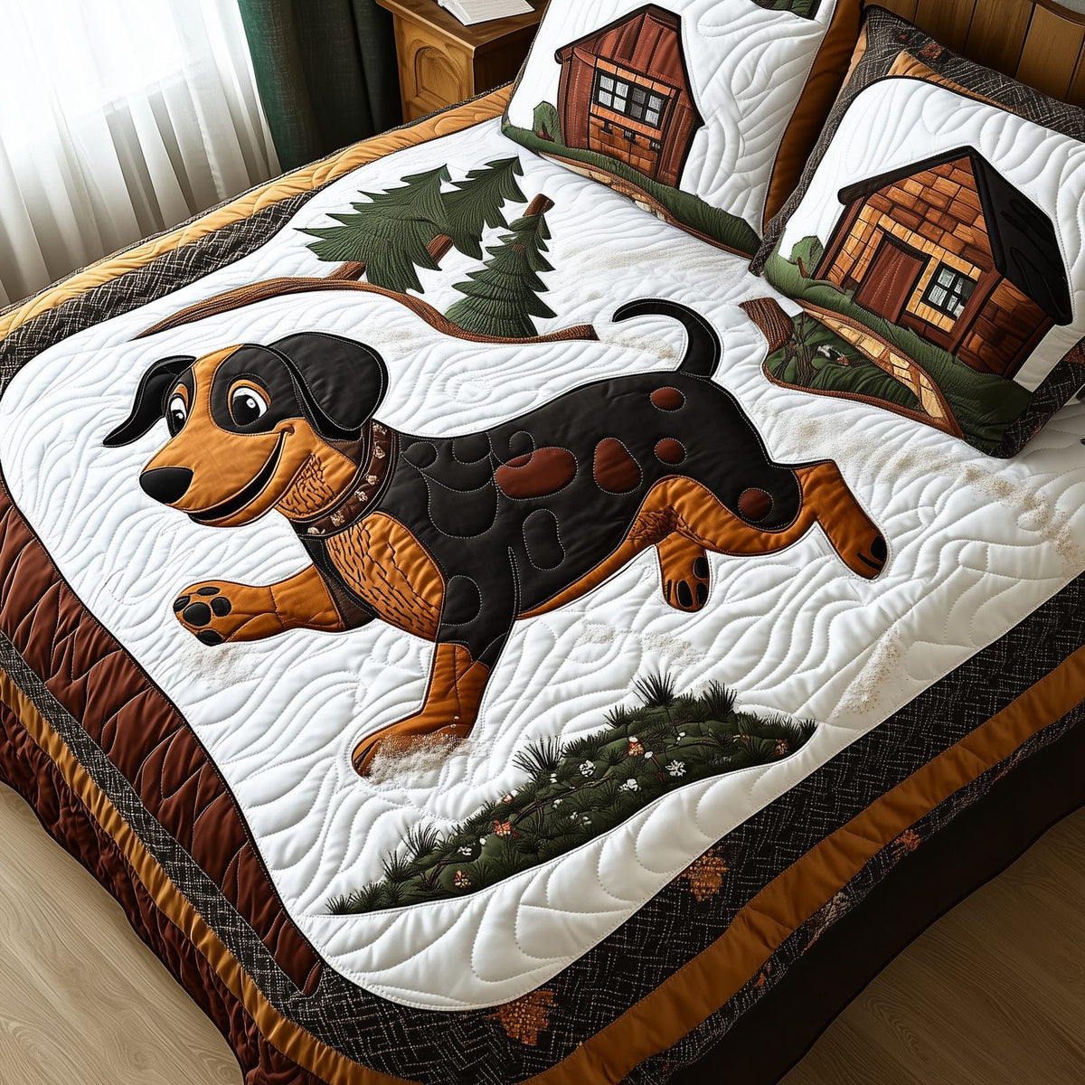 Joyful Dachshund quilted 3-piece bedding set on a made bed with two matching pillow shams