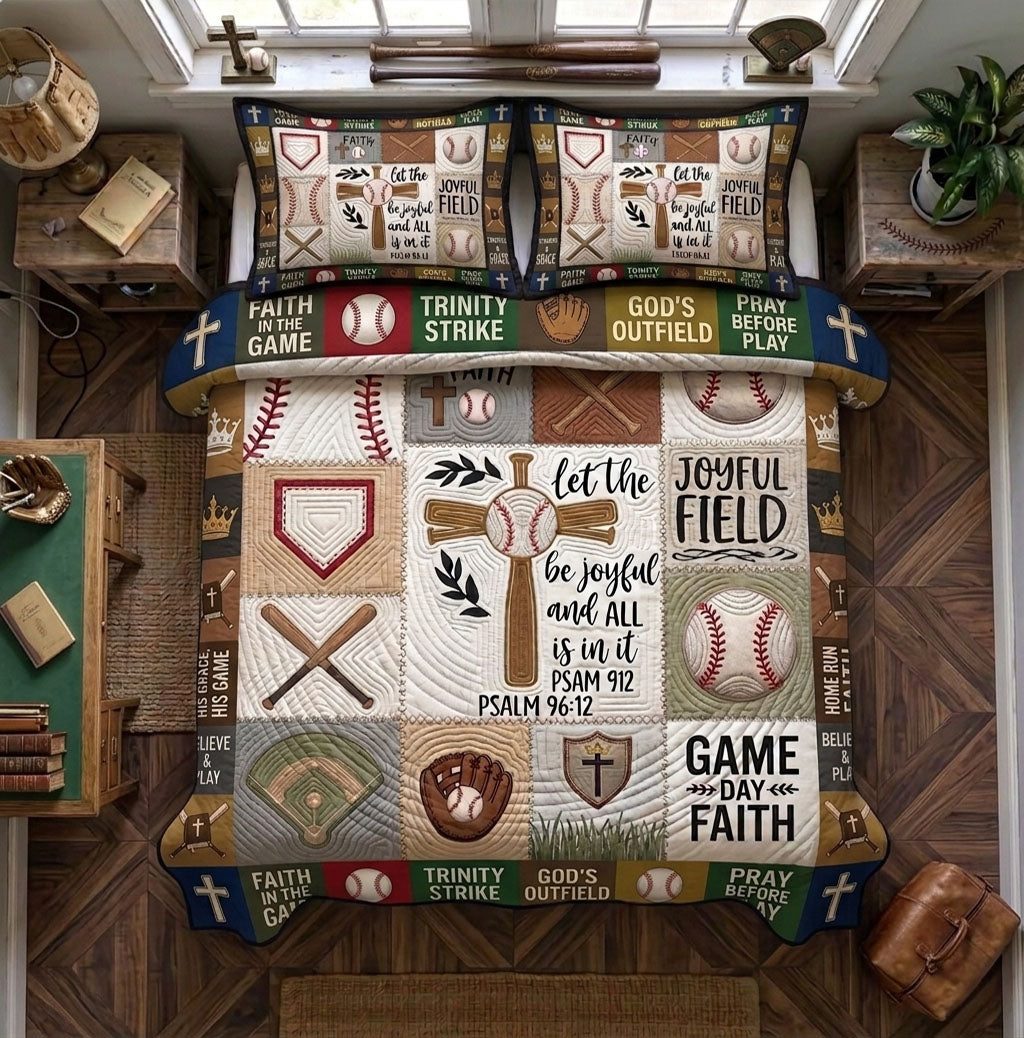 Joyful Field Psalm 96 12 Baseball quilted 3-piece bedding set on a made bed in a softly lit bedroom
