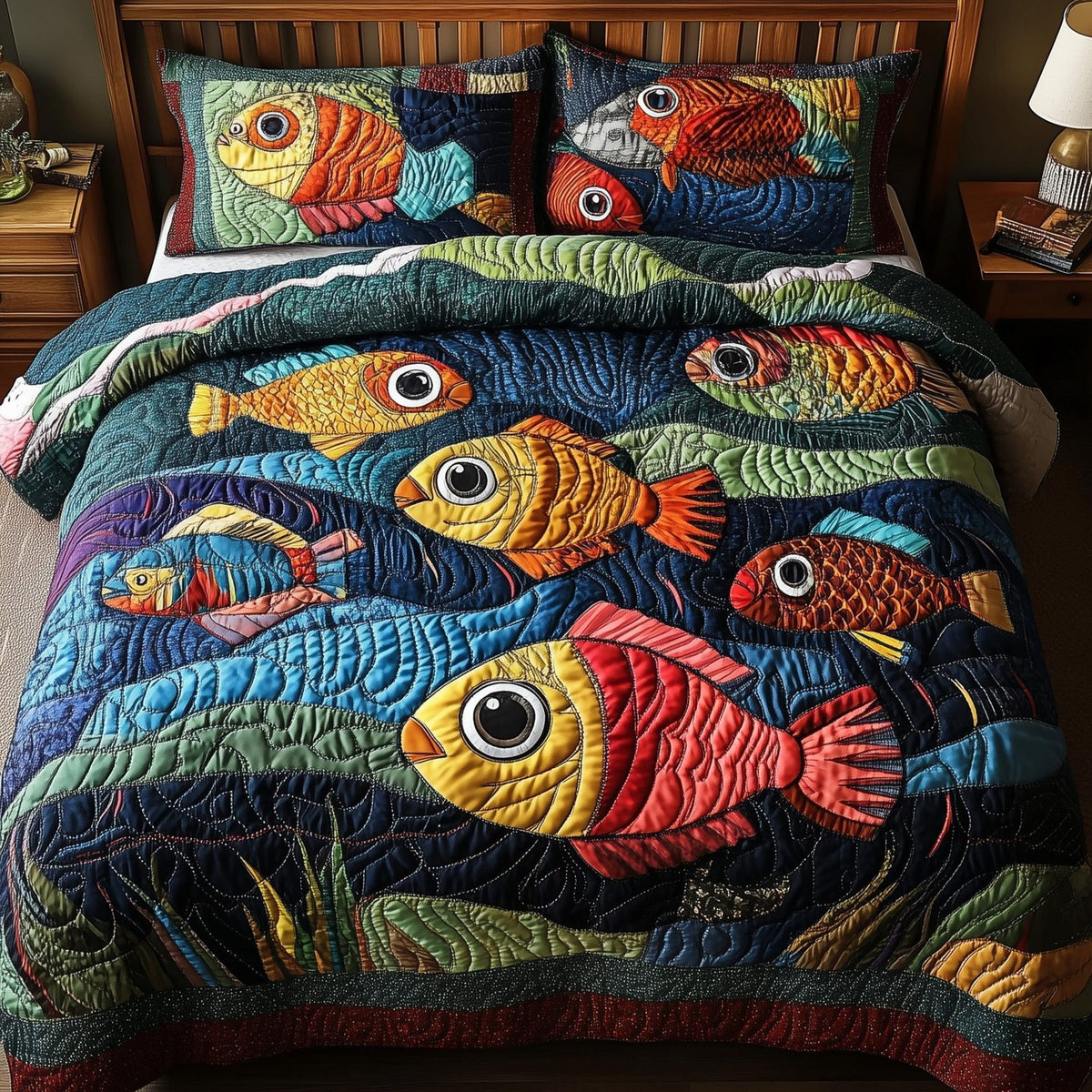 Joyful Fishing quilted 3-piece bedding set on a made bed with two matching pillow shams