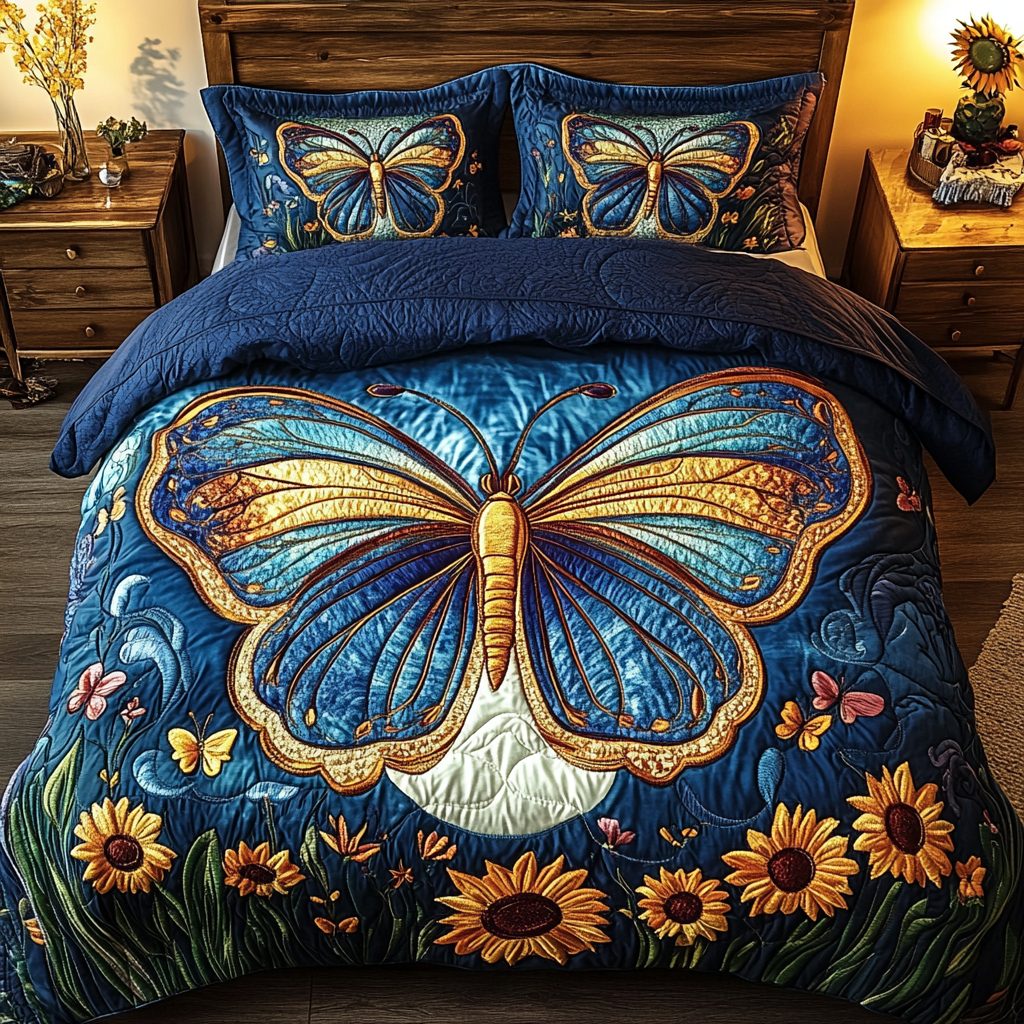Joyful Flight quilted 3-piece bedding set on a made bed with two matching pillow shams