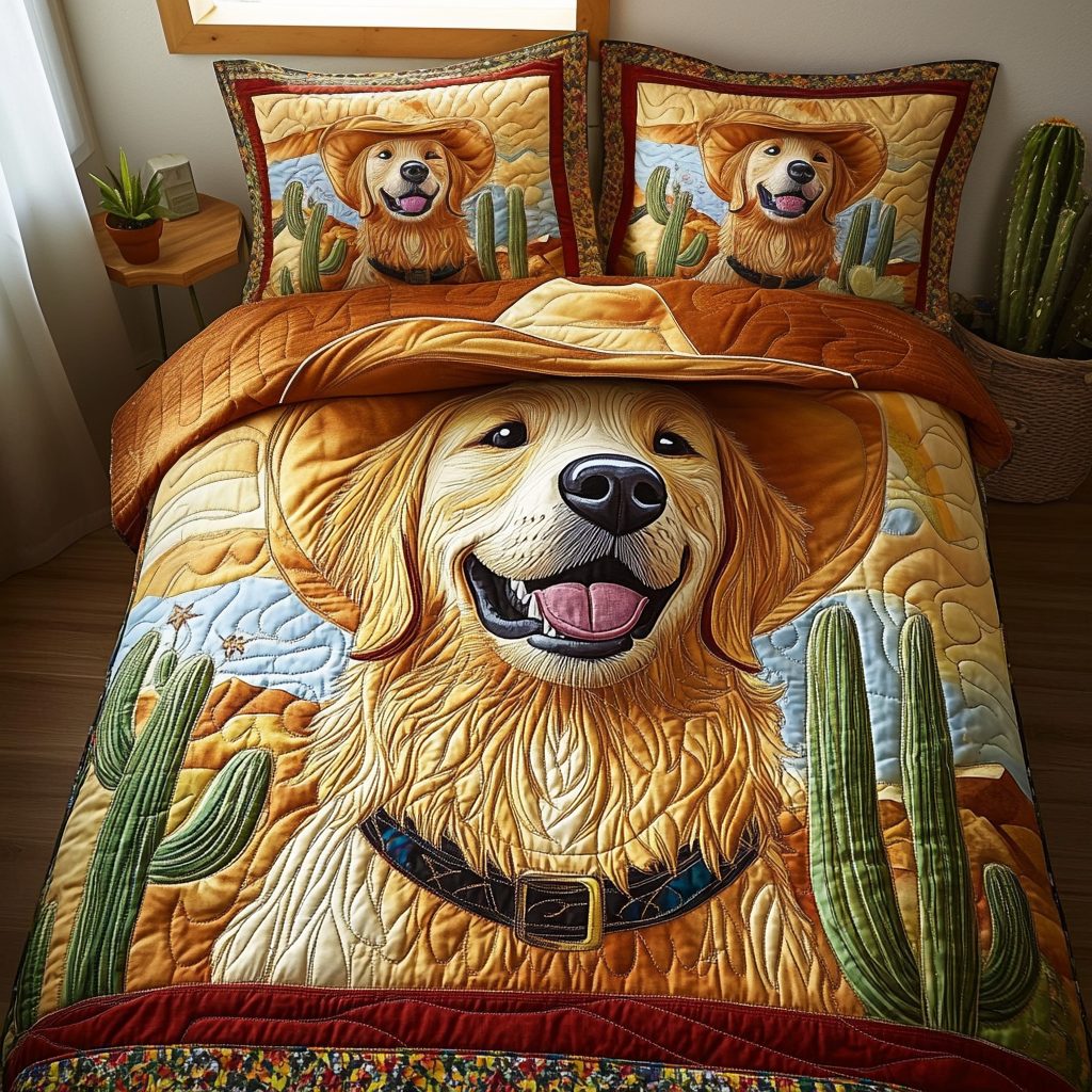 Joyful Retriever quilted 3-piece bedding set on a made bed with two matching pillow shams