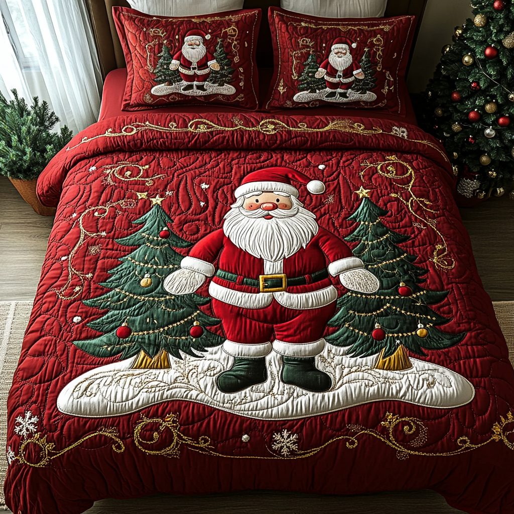 Joyful Santa quilted 3-piece bedding set on a made bed in a winter-styled bedroom
