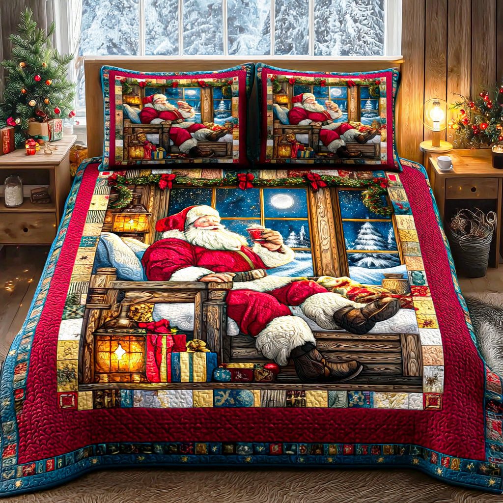Joyful Santa Ride quilted 3-piece bedding set on a made bed in a winter-styled bedroom