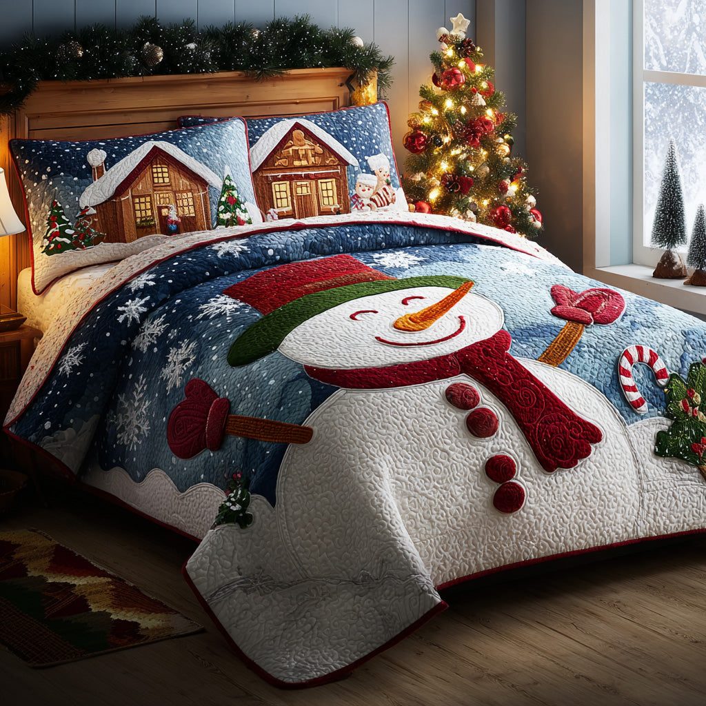 Joyful Smile quilted 3-piece bedding set on a made bed with two matching pillow shams