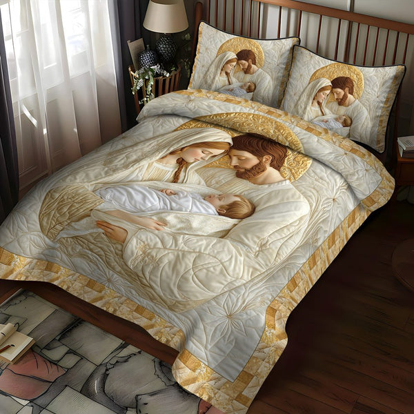 Joyous Nativity Scene quilted 3-piece bedding set on a made bed in a winter-styled bedroom