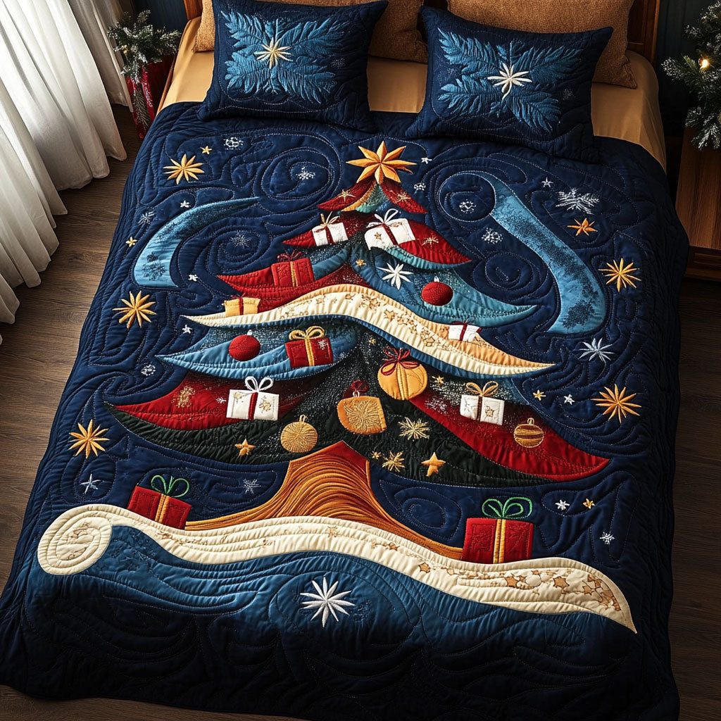 Joyous Pines quilted 3-piece bedding set on a made bed with two matching pillow shams