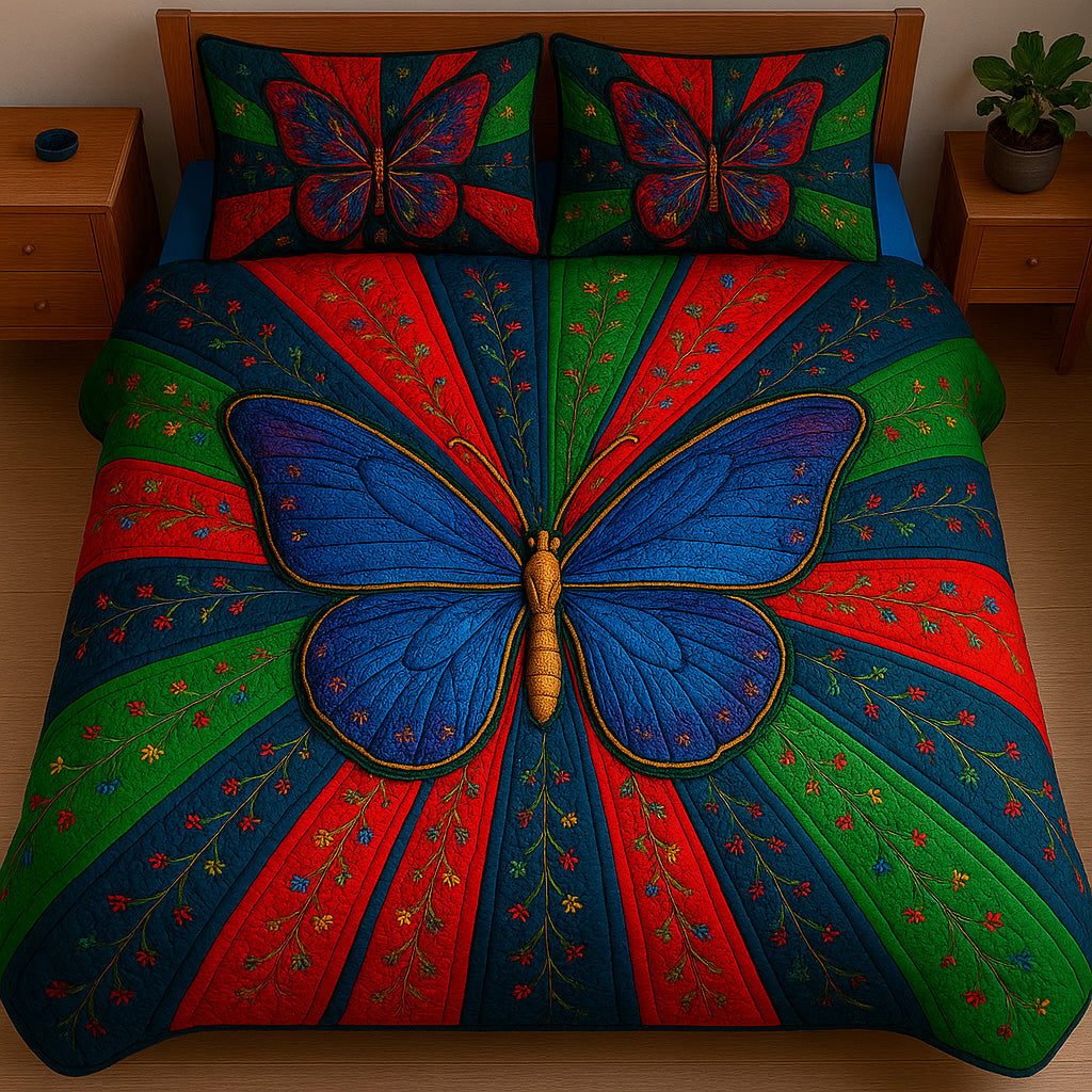 Juneteenth Butterfly quilted 3-piece bedding set on a made bed in a warmly lit bedroom