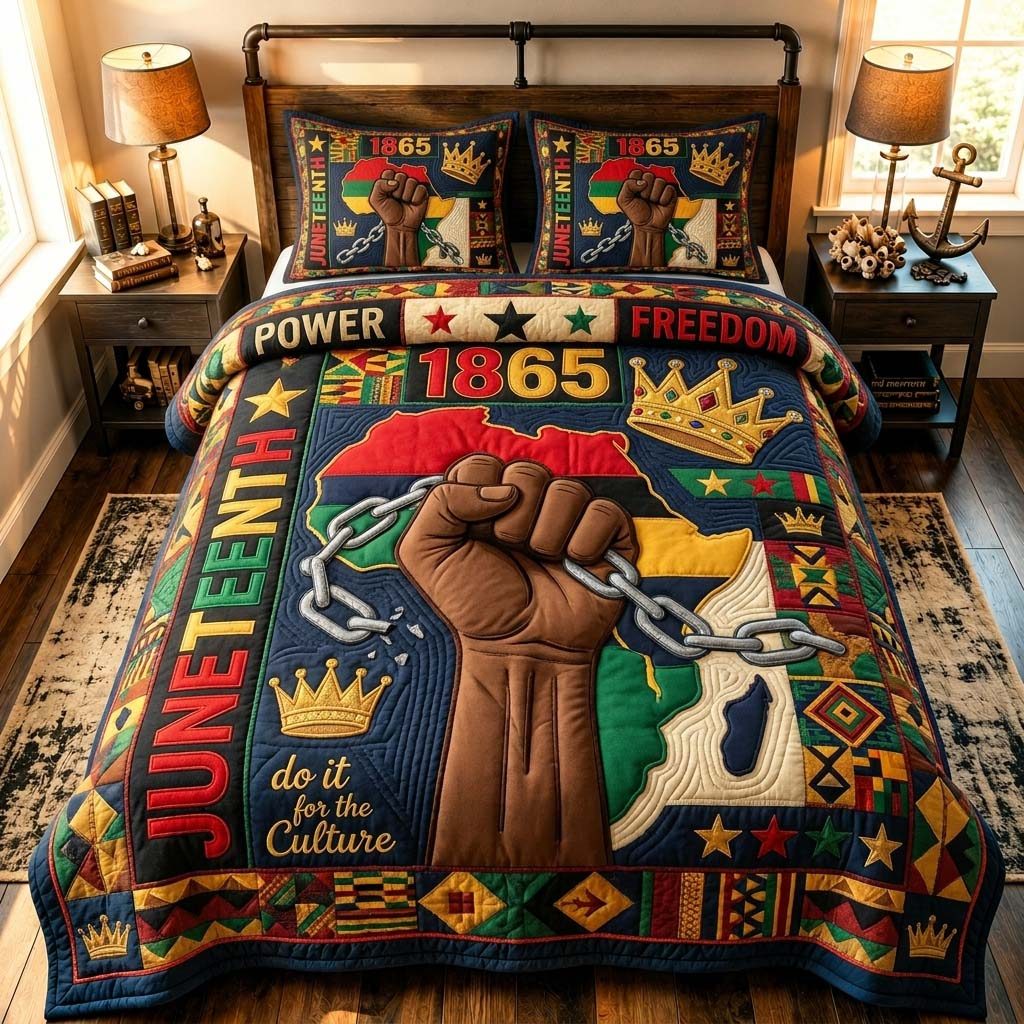Juneteenth Culture Power quilted 3-piece bedding set on a made bed in a warmly lit bedroom