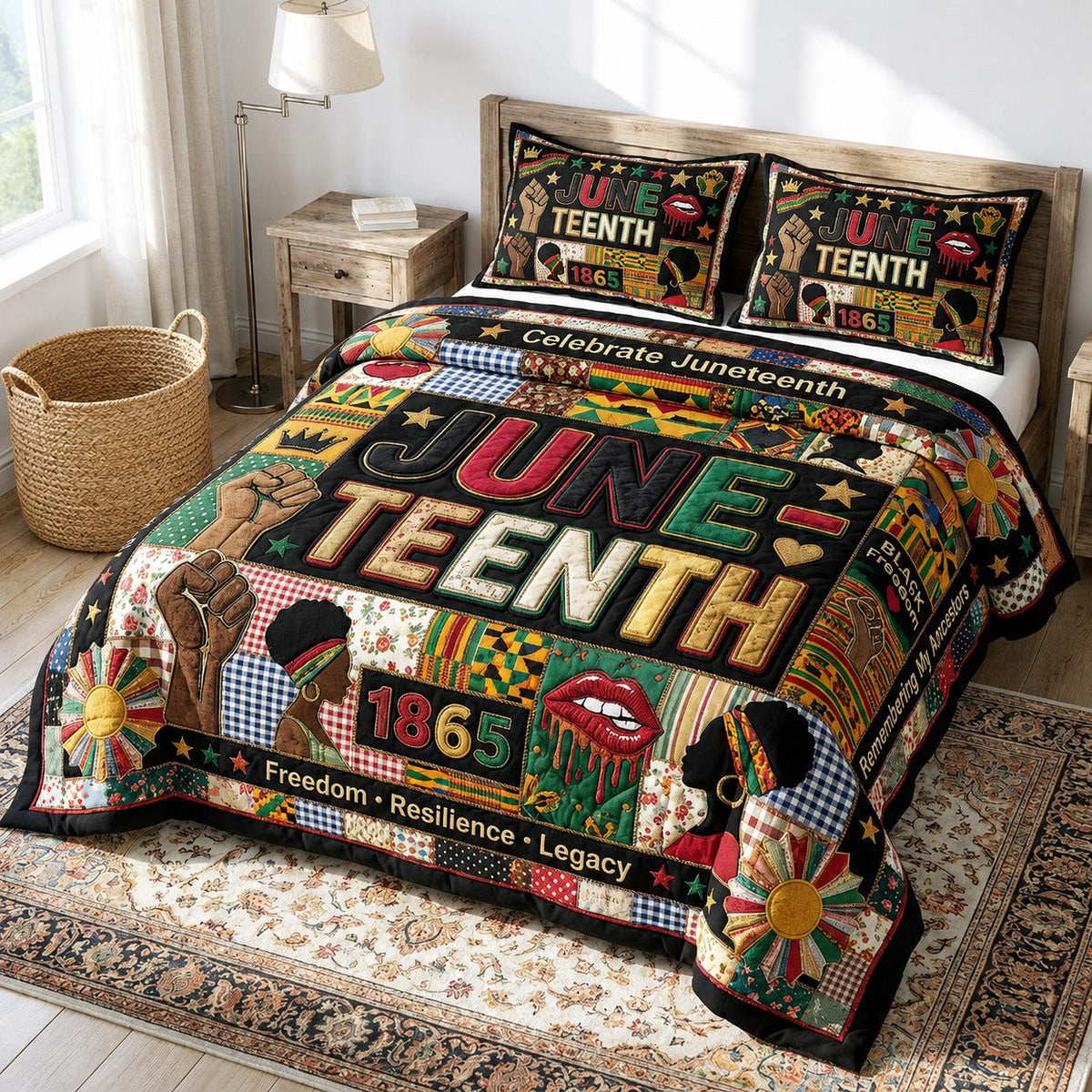 Juneteenth Culture quilted 3-piece bedding set on a made bed in a warmly lit bedroom