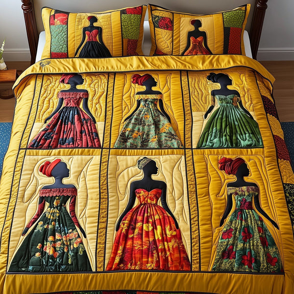 Juneteenth quilted 3-piece bedding set on a made bed in a warmly lit bedroom
