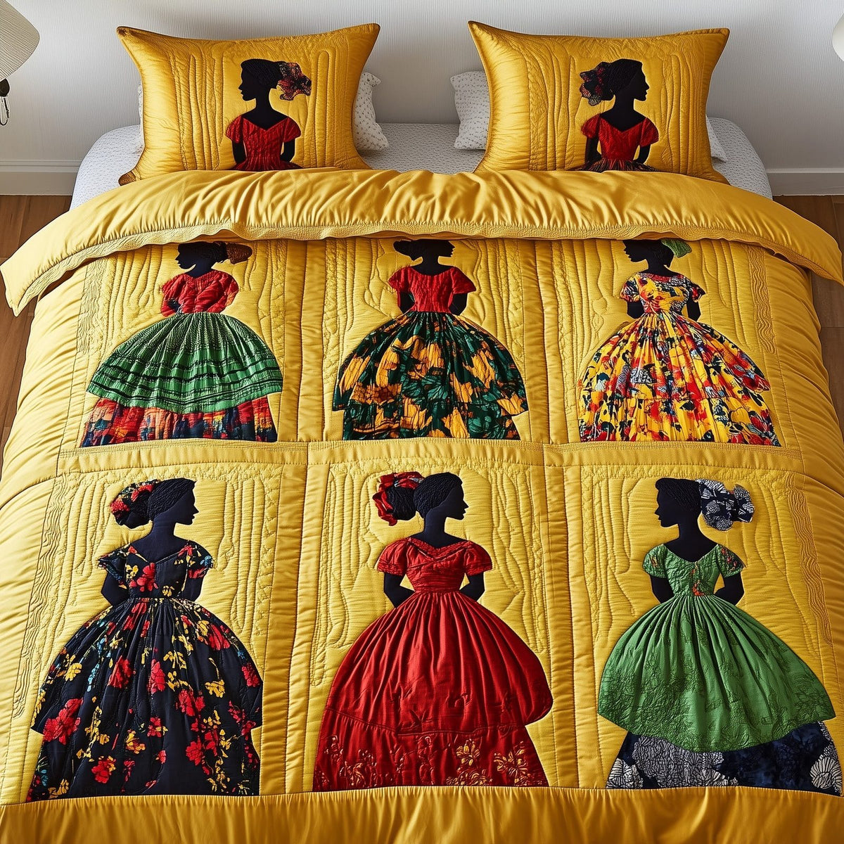 Juneteenth quilted 3-piece bedding set on a made bed in a warmly lit bedroom
