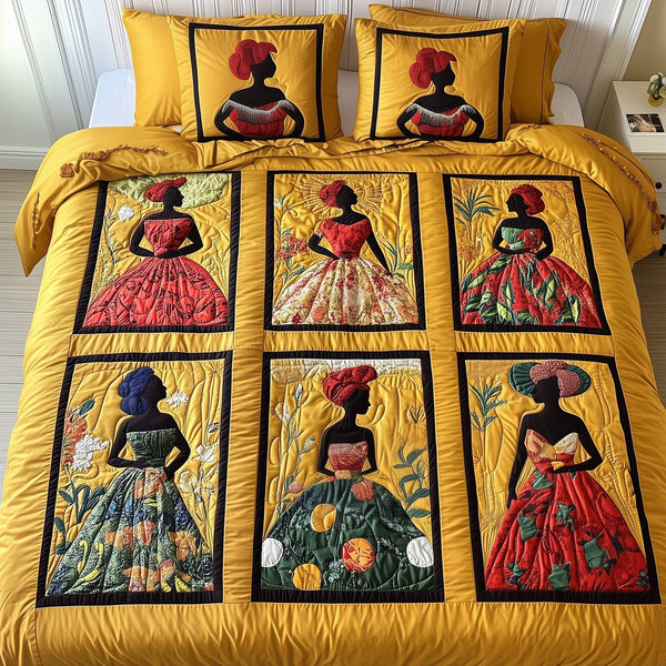 Juneteenth quilted 3-piece bedding set on a made bed in a warmly lit bedroom