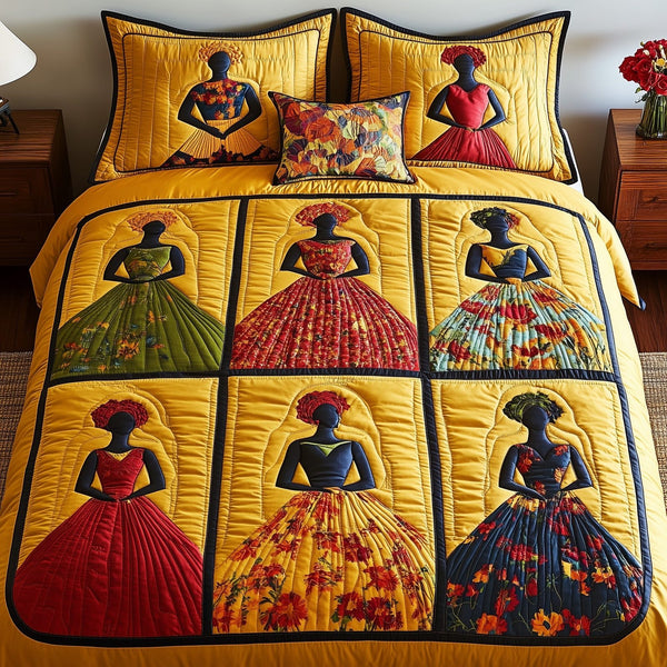 Juneteenth quilted 3-piece bedding set on a made bed in a warmly lit bedroom