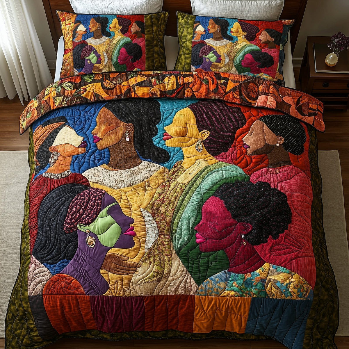 Juneteenth quilted 3-piece bedding set on a made bed in a warmly lit bedroom
