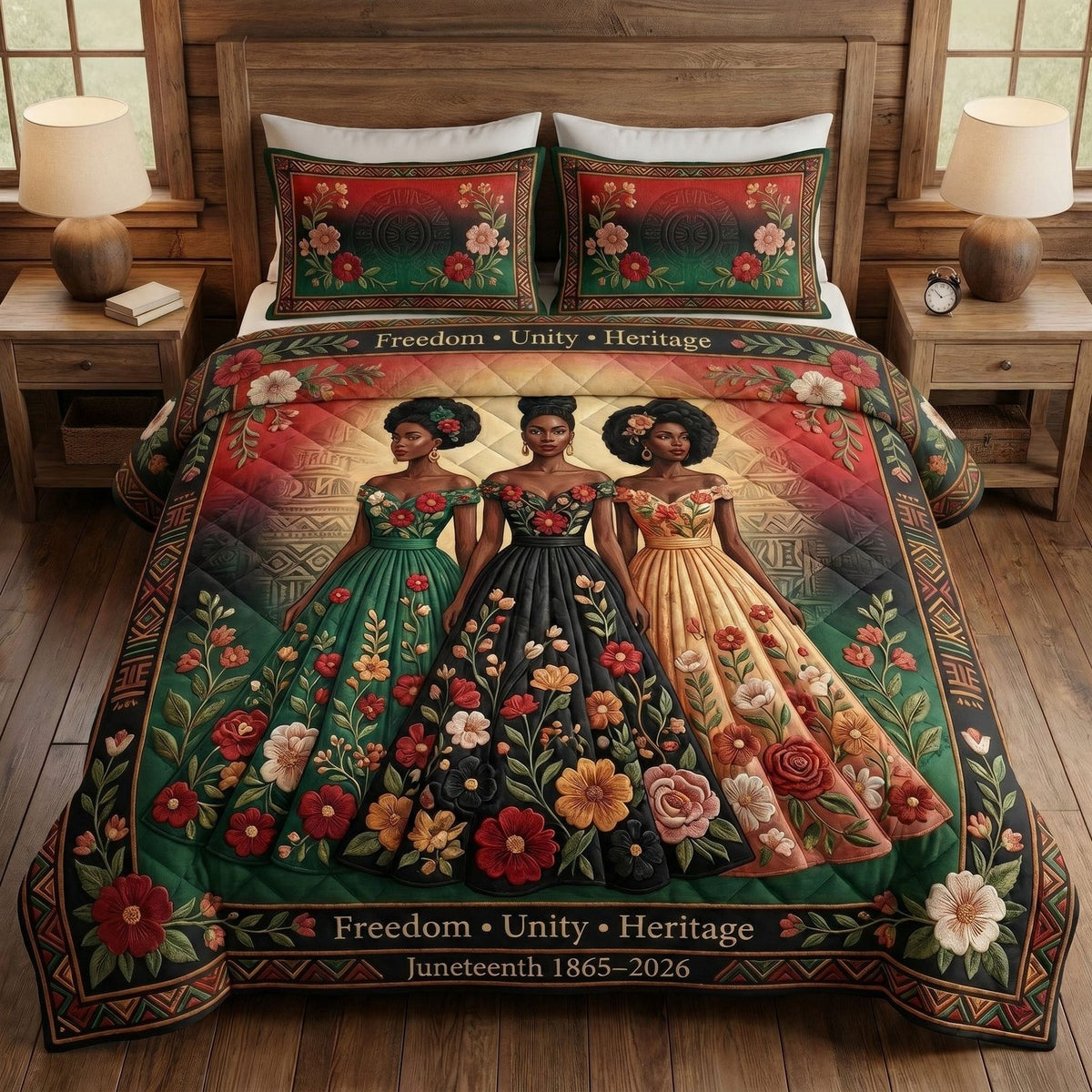 Juneteenth Soul quilted 3-piece bedding set on a made bed in a warmly lit bedroom